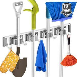 Broom Holder Mop Hanger Wall Mount Metal Organization Garage Storage System Silv